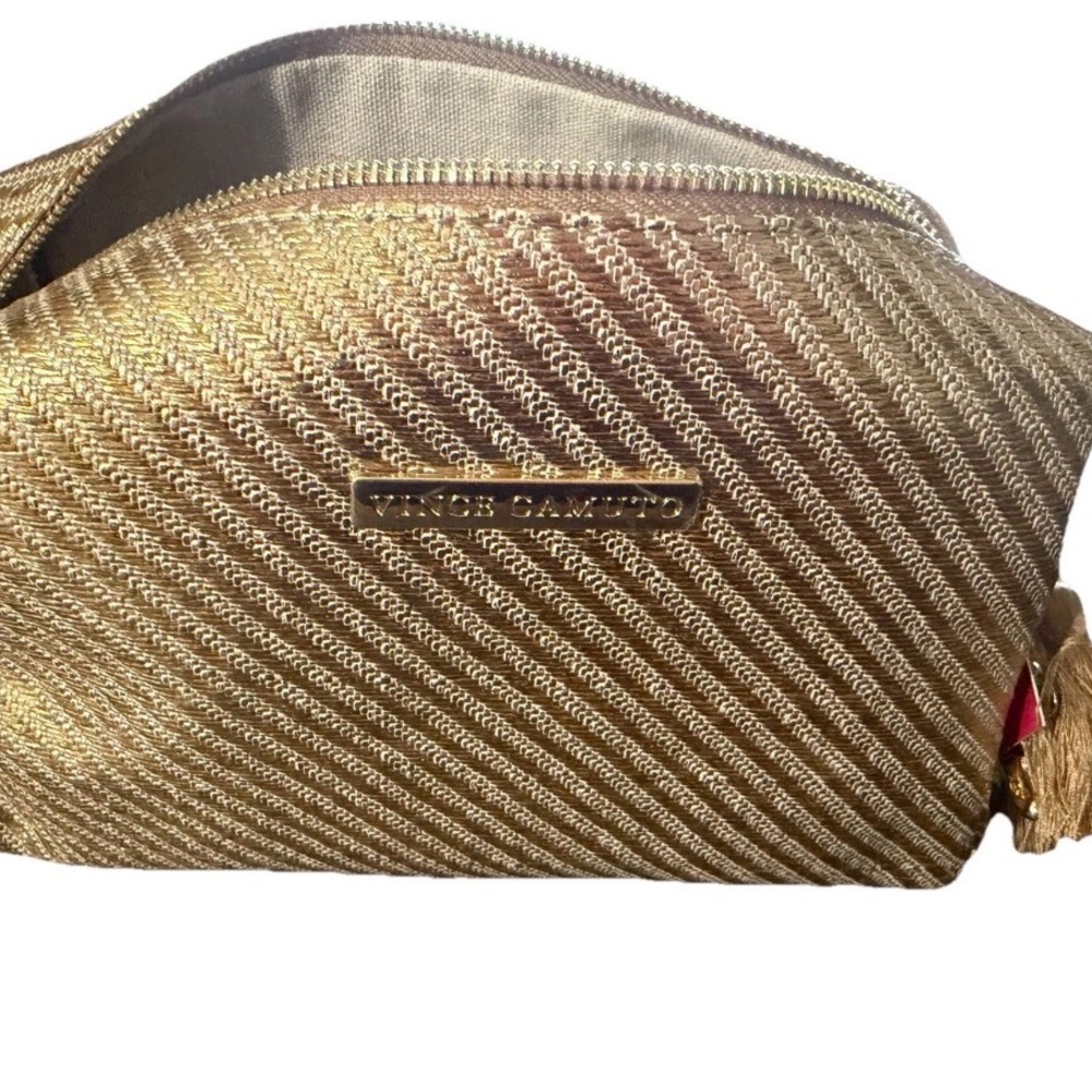 NEW VINCE CAMUTO METALLIC IRIDESCENT GOLD STRIPE COSMETIC MAKEUP BAG CASE TRAVEL